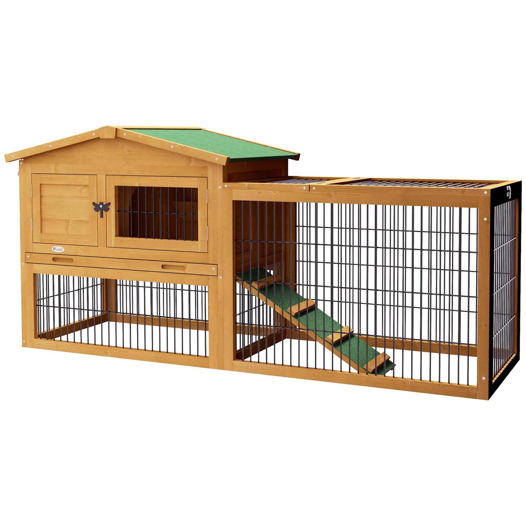 PawHut Clapier de Sol Cage à Lapin Cottage Niche supérieure avec Rampe enclos extérieur Plateau excrément fenêtre Porte verrouillable Bois Sapin dim. 150L x 52l x 68H cm Jaune