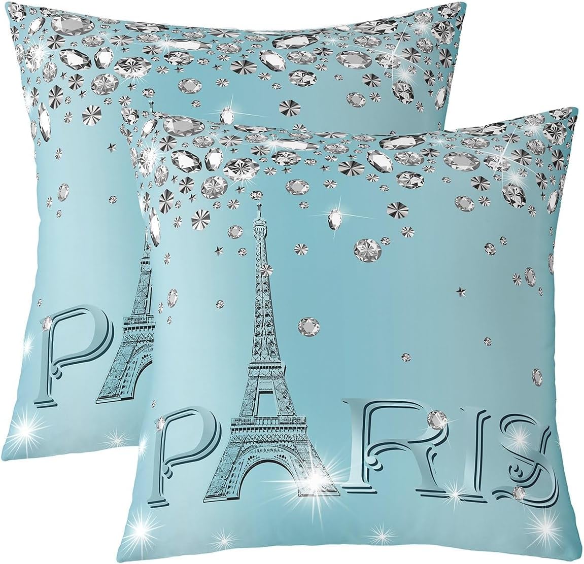 Paris Pillow Covers 22x22 set of 2 for Kids Girls Women,Glitter Eiffel Tower Throw Pillow Covers,Teal Blue Gradient Diamond Cushion Cases,Girly Sequins Accent Pillow Cases Sofa Chair Decor