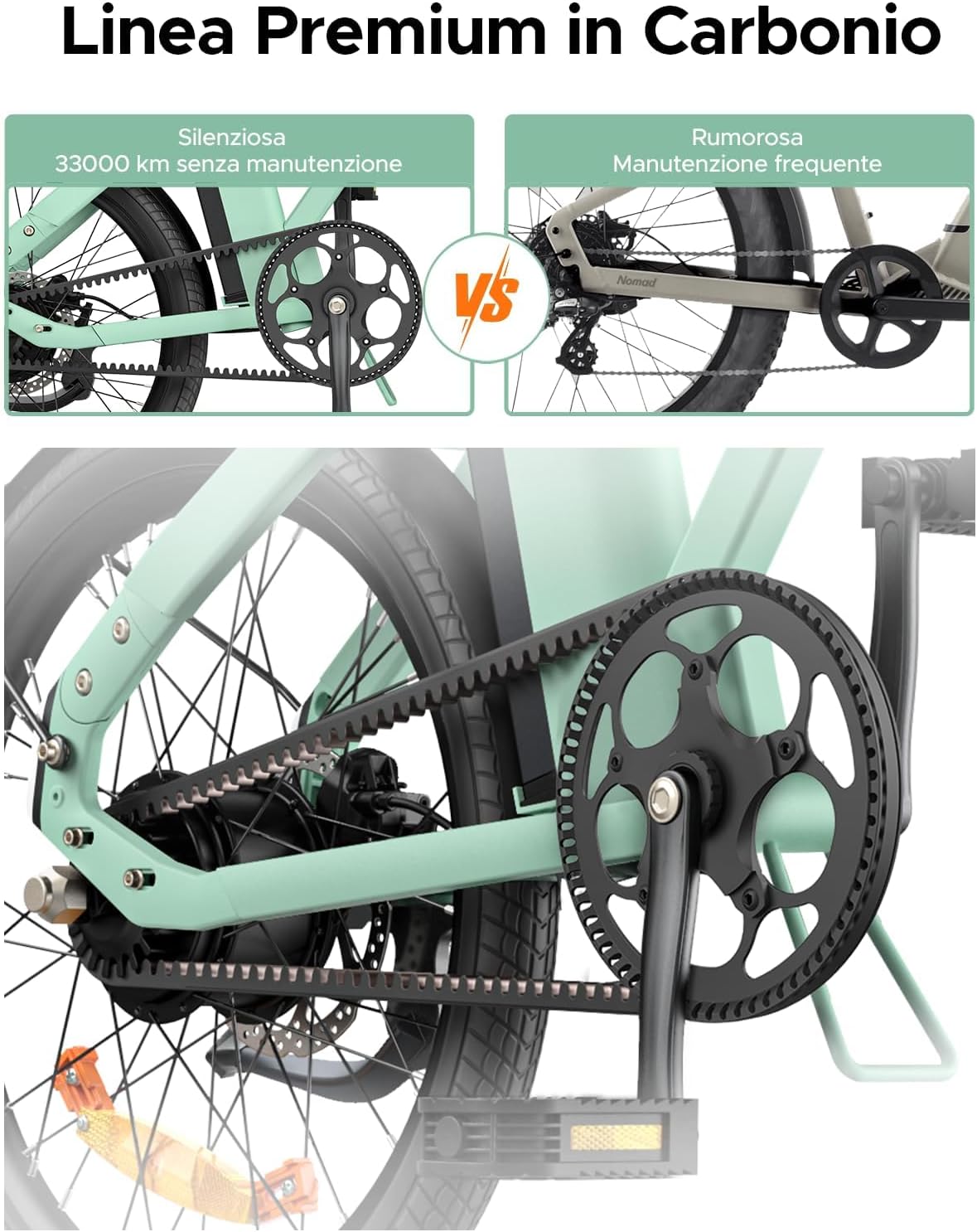 Comparison of carbon belt drive versus traditional chain drive on an e-bike