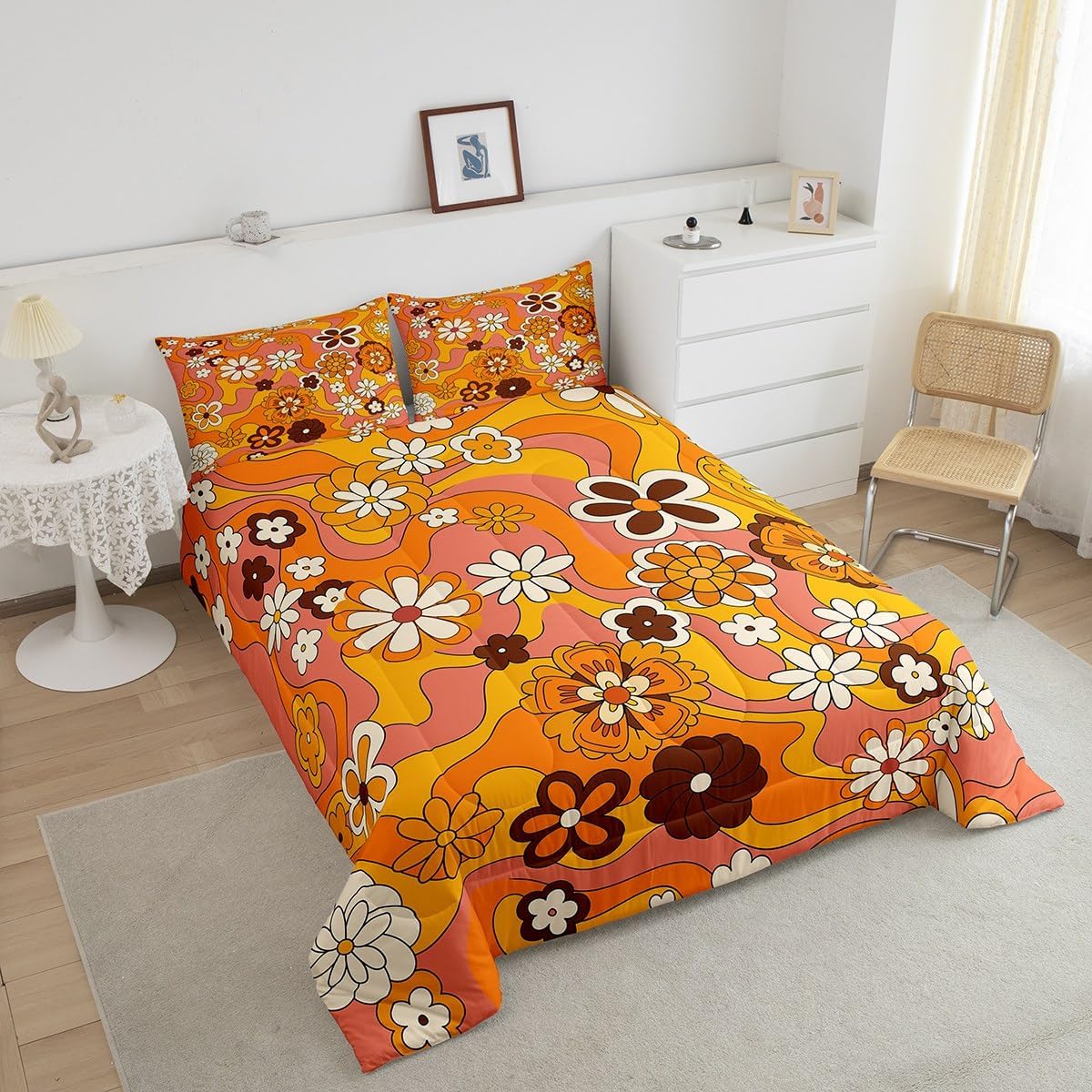 Groovy Style Comforter Sets Queen Size,Vintage 60s 70s Flower Doodle Bedding Set for Teens Youth,Cartoon Daisy Quilt Set,Funky Rainbow Flowers Swirl Abstract Duvet Insert with 2 Pillowcases