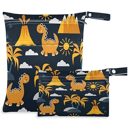 visesunny Yellow Dinosaurs Volcano and Palm Tree 2Pcs Wet Bag with Zippered Pockets Washable Reusable Roomy for Travel,Beach,Pool,Daycare,Stroller,Diapers,Dirty Gym Clothes, Wet Swimsuits, Toiletries