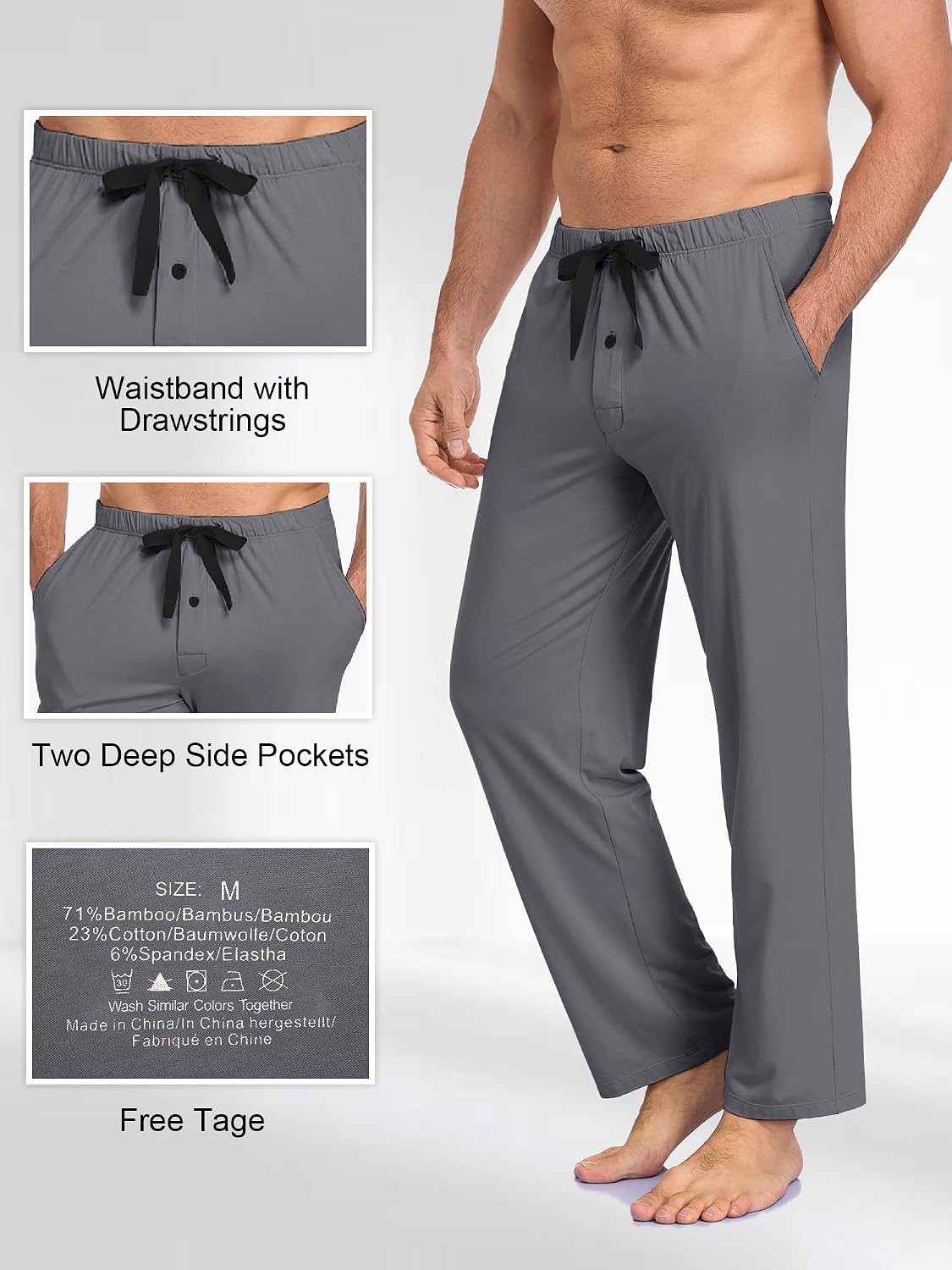 Mens Pajama Pants Bamboo Rayon Sleep Bottoms Lightweight Breathable Lounge Pants with Pockets 2 Pack