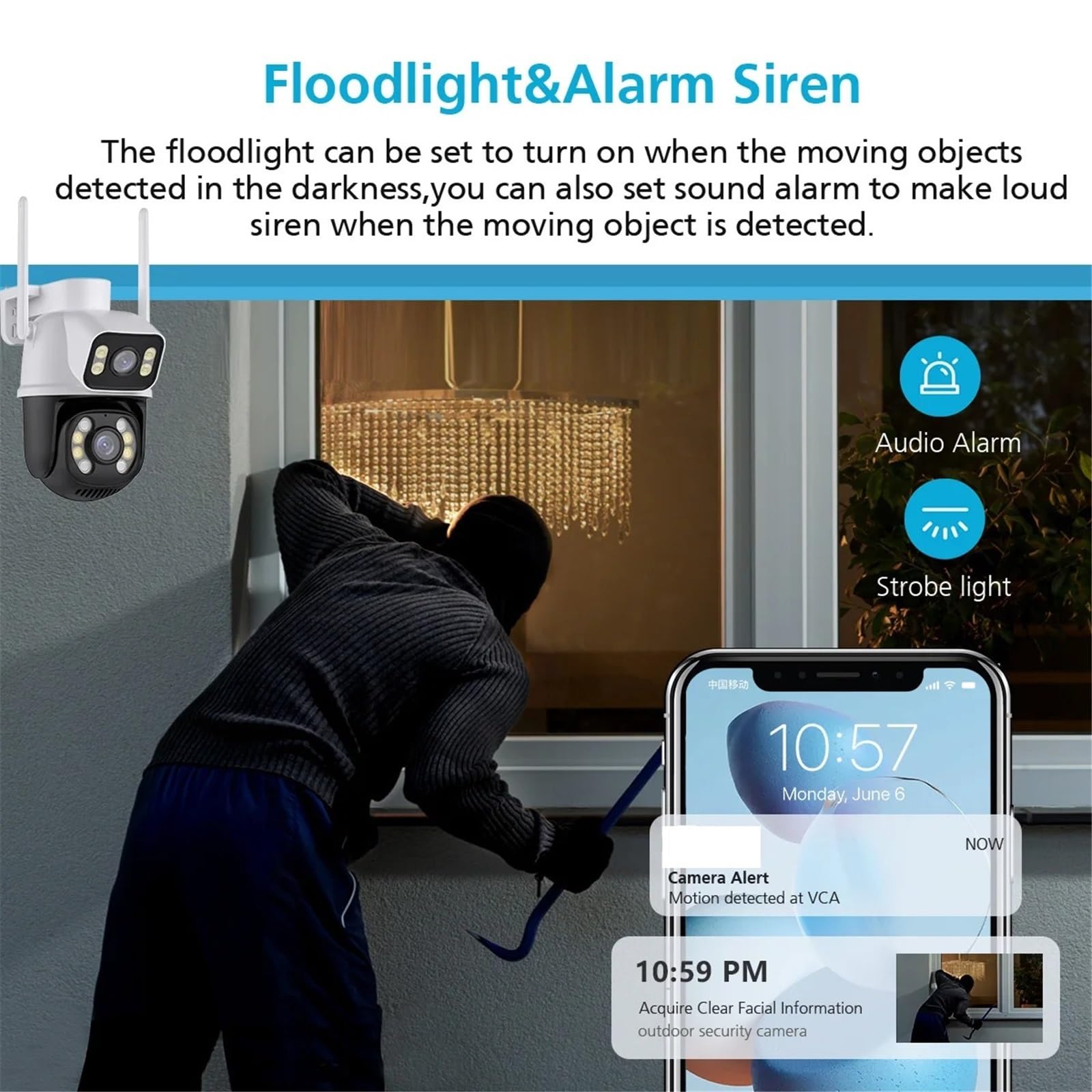 Kamera bezpieczeństwa, 6-megapikselowa kamera z podwójnym obiektywem i ekranem Wi-Fi, wodoodporna, kolorowa, noktowizorem automatycznym śledzeniem, funkcją monitorowania w chmurze(ADD 32G)