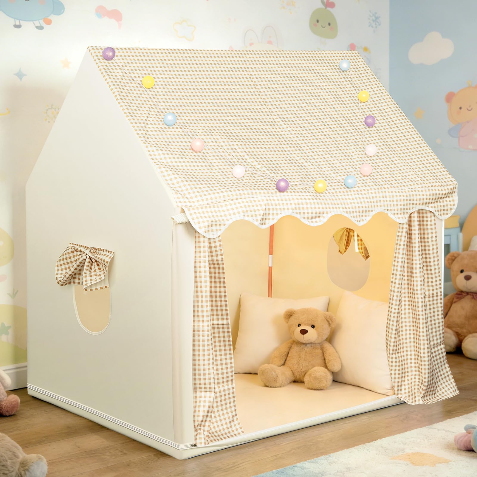 eSynic Tenda da Gioco per Bambini con Luci LED Decorative, Casetta Stanza di Attività Giochi con 2 Finestre per 2-3 Piccoli, Angolo da Lettura Studio, Facile da Montare - Beige a Quadri
