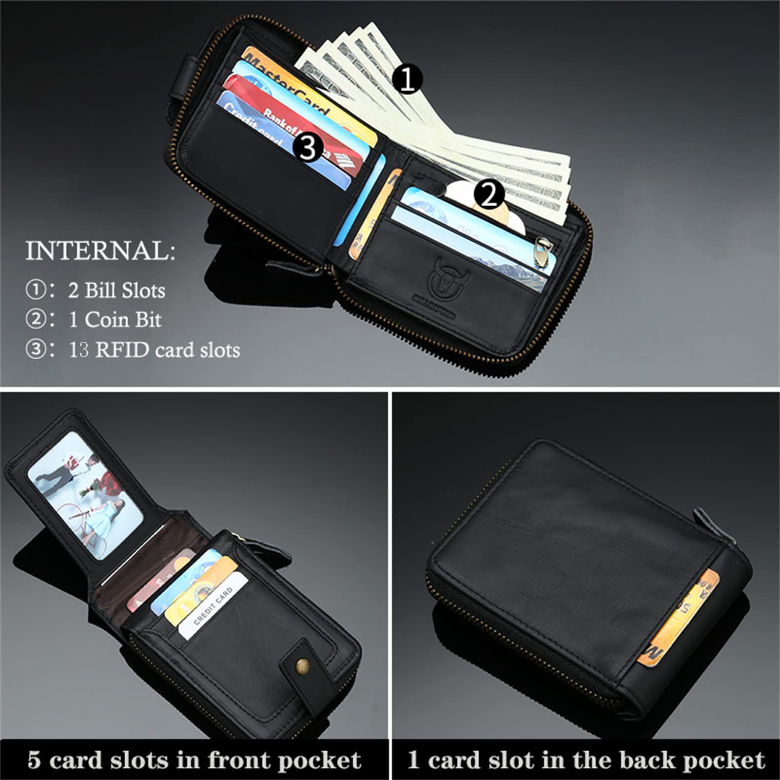 Portafoglio da Uomo in Vera Pelle di Vacchetta,Portamonete Vintage Pelle con Blocco RFID 13 Porta Carte di Credito(2 Scomparti Banconote+2 Finestra ID),Black