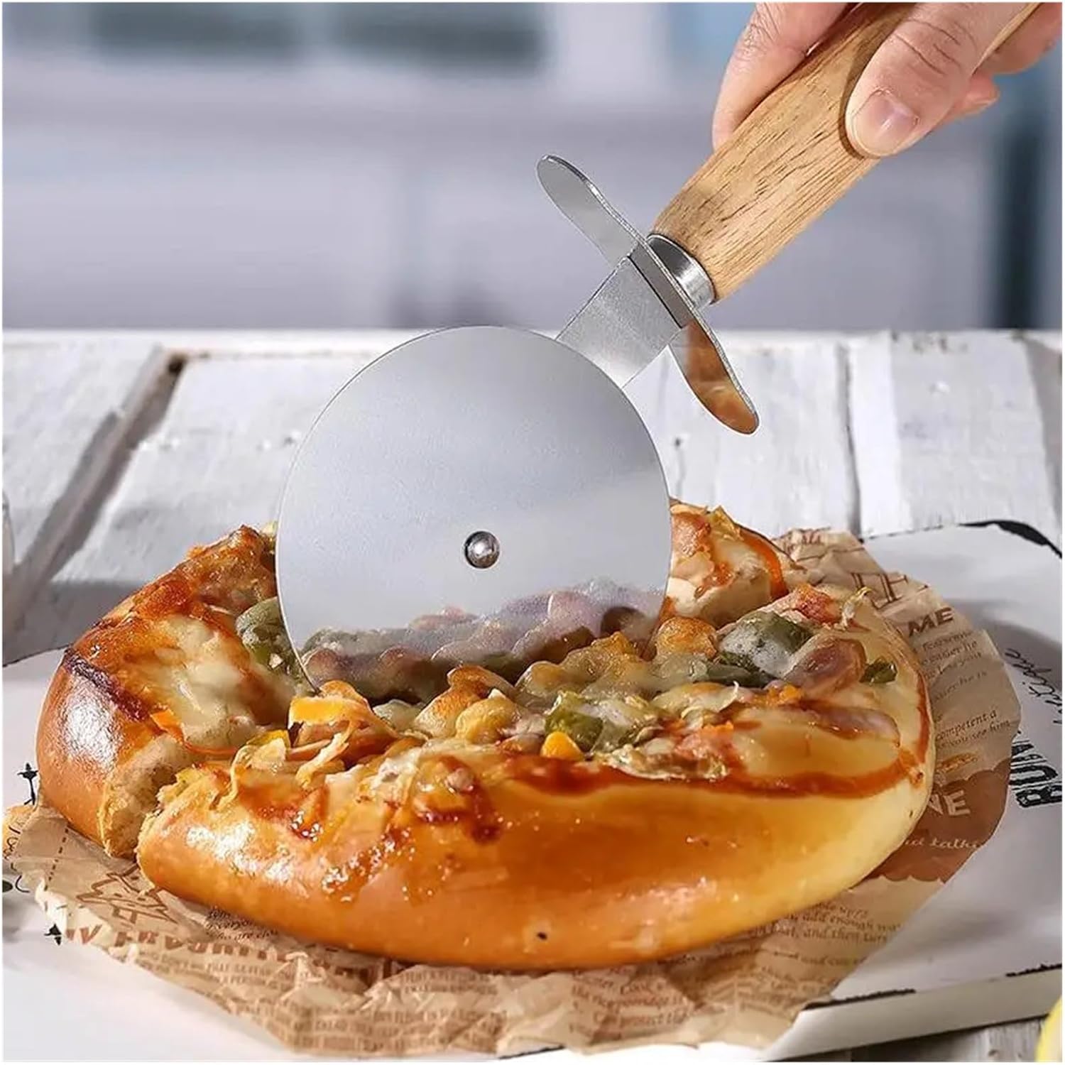 Stainless Steel Pizza Peel With Wooden Handle Household Knife Cake Tools Wheel Baking Shovel For Oven Transfer Kitchen
