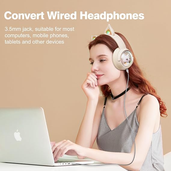 PHNIXGAM Bluetooth kedi kulağı kulaklık, kulak üstü kulaklık, kablosuz ve kablolu modda, mikrofonlu, RGB ışık, cep telefonları, PC, tablet oyun konsolları ile uyumlu, beyaz