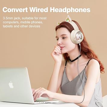 PHNIXGAM Bluetooth kedi kulağı kulaklık, kulak üstü kulaklık, kablosuz ve kablolu modda, mikrofonlu, RGB ışık, cep telefonları, PC, tablet oyun konsolları ile uyumlu, beyaz