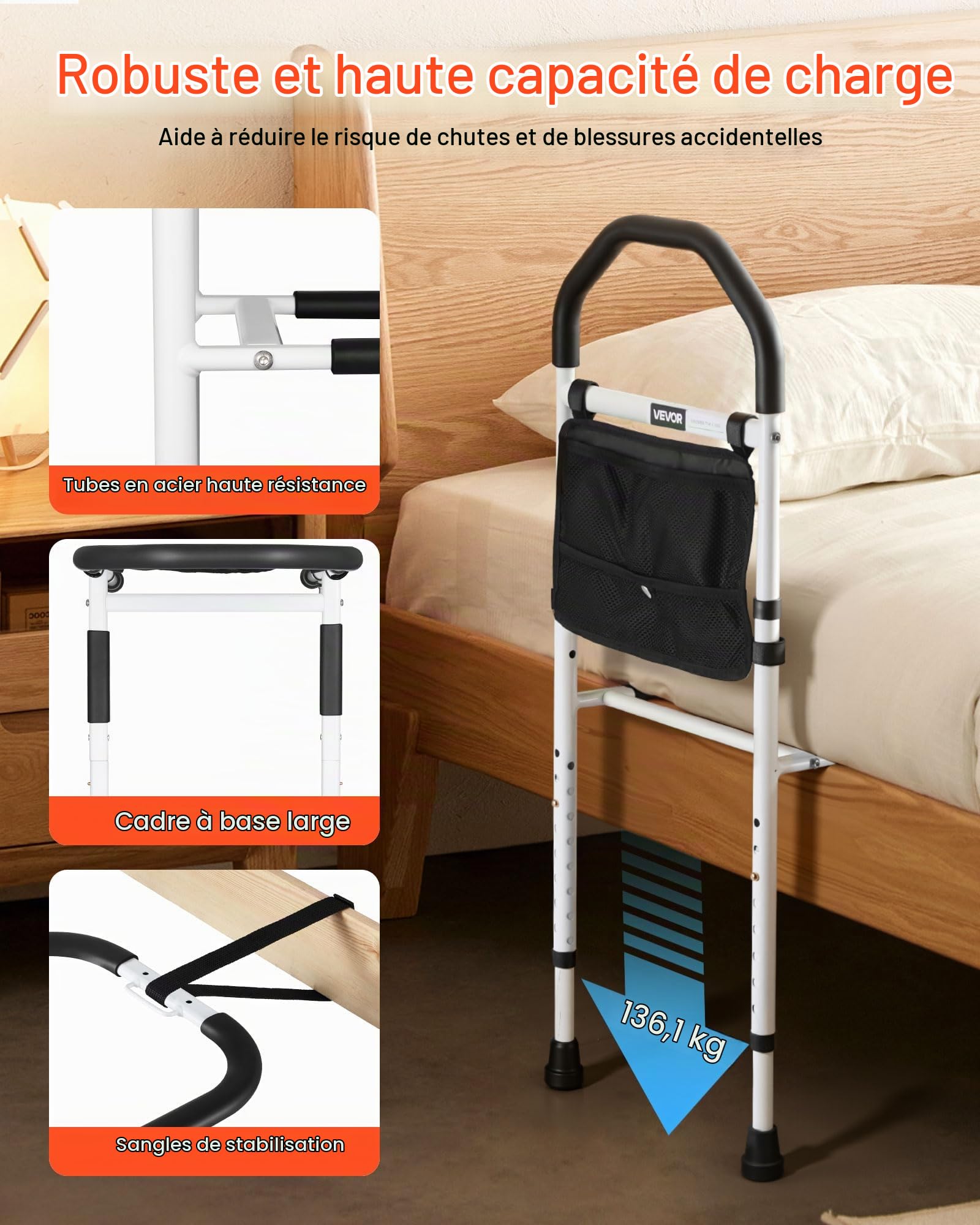 VEVOR Barrière de lit pour Personnes âgées, Barre d’Appui pour lit avec Pied de Support et Main Courante en PU, Hauteur réglable, Tube en Acier au Carbone, Rampe d'assistance de Chevet pour Patients