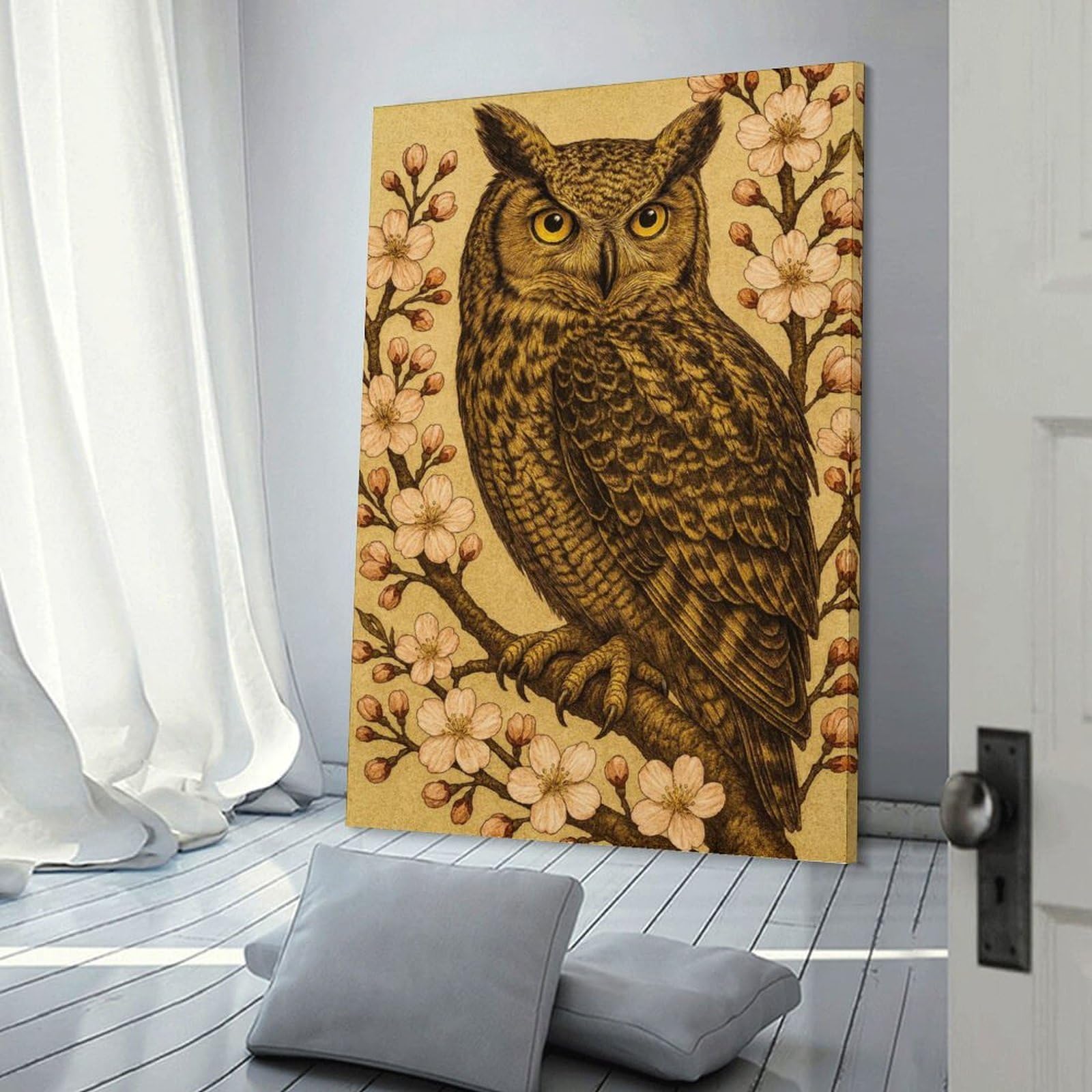 Junmoney Detailed Owl on Cherry Blossom Branch Wall Art Print, 24x36inch(60x90cm), for Entryway, Lounge Links Or Small Walls, Decorative Canvas Styling for Entry Areas