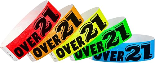 200 pulseras Tyvek WristCo Paquete Variado Mayores de 21 - ¾" x 10" - Pulseras de papel impermeables, reciclables, cómodas y resistentes a desgarros