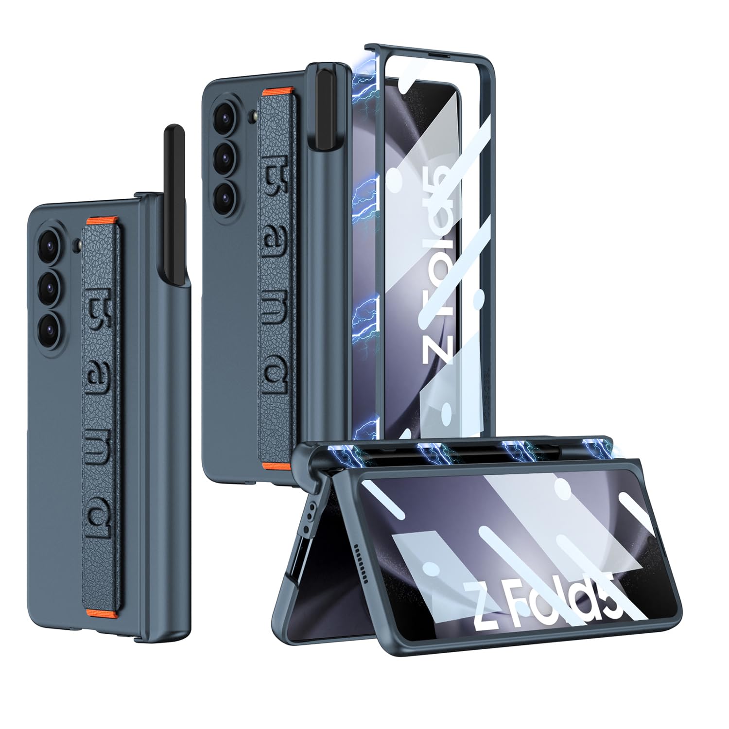 Wristband Magnetic Hinge Phone Case for Samsung Galaxy Z Fold 5, Folding Shell with Pen-Box for Z Fold5, Protective Cover with Tempered Glass Film (Green,for Fold 5)