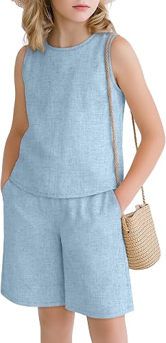 Custoneei Girls 2 Piece Outfit Linen Sets, Light Blue, 13-14 Years