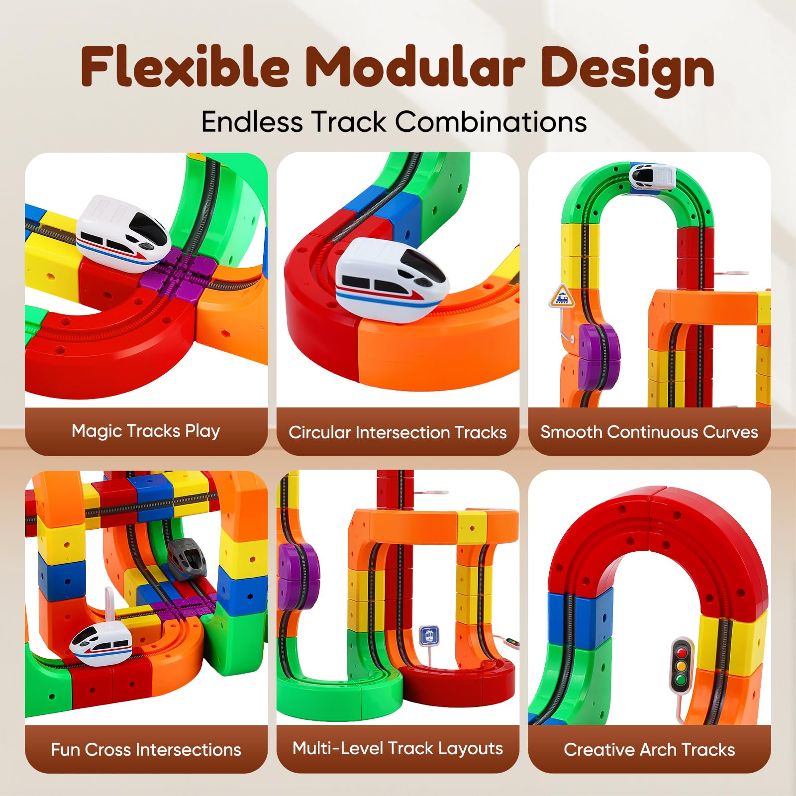 Set di treni cubici Magic Rail da 123 pezzi, set di treni elettrici, layout 3D incorporati, pista da corsa flessibile, giocattolo per la costruzione di auto motorizzate che sfidano la gravità
