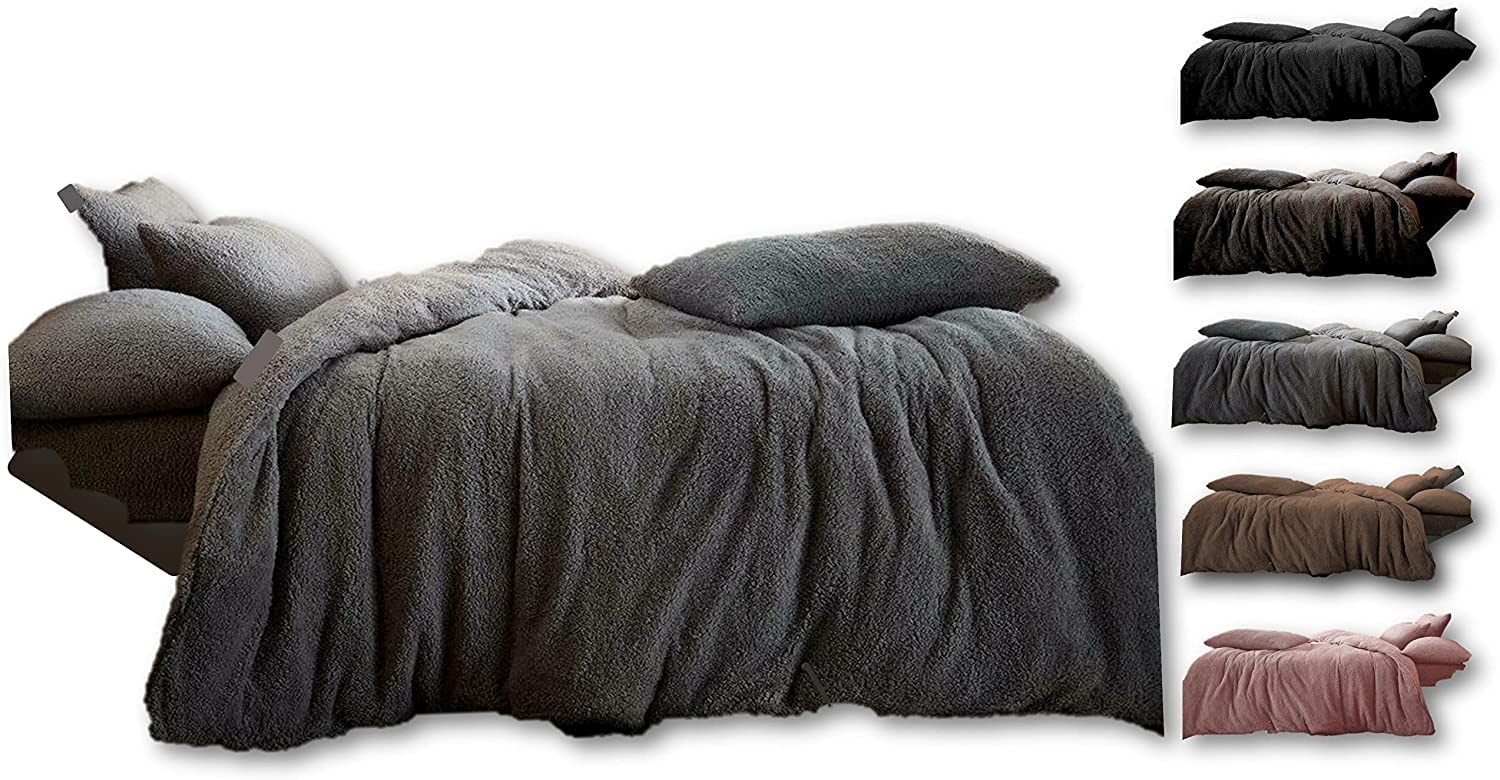 Northern Luxe Teddy Bear Fleece Super Soft Fluffy Warm and Cosy Duvet Sets Fitted Sheet (Silver, Double Set)
