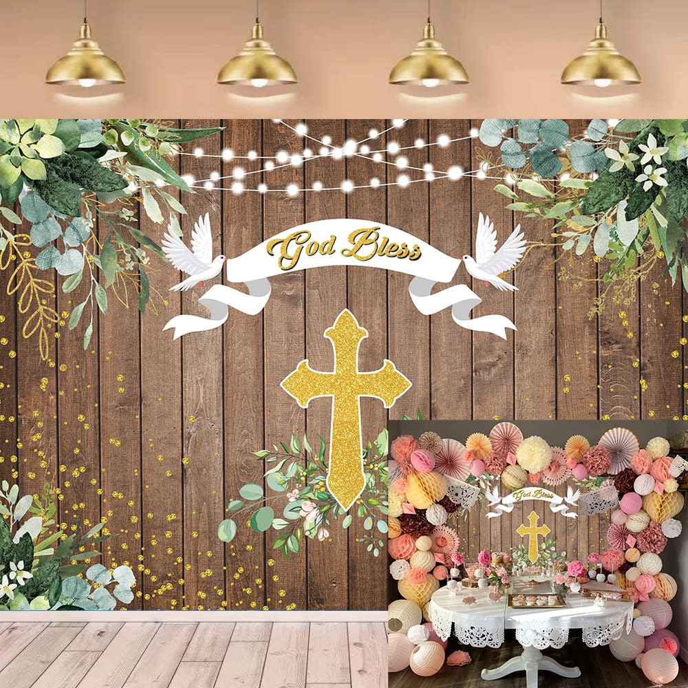 Rustic Wood God Bless Backdrop First Holy Communion Baptism Baby Shower Holy Dove Photography Background Eucalyptus Leaves Golden Cross Party Decor Supplies 7x5FT 7x5FT(width 210cm x Height 150cm)