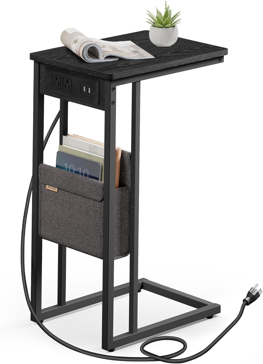 VASAGLE C-Shaped Side Table, End Table with Charging Station, 2 USB Ports and Outlets, C Table for Couch, Sofa, with Storage Bag, Adjustable Feet, for Bedroom, Living Room, Ebony Black ULET356B01