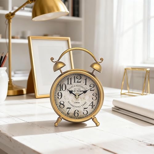 Miniatura 5 de Reloj de mesa dorado antiguo para decoración de sala de estar, escritorio rústico de granja y reloj de estante, reloj de mesa silencioso sin tictac