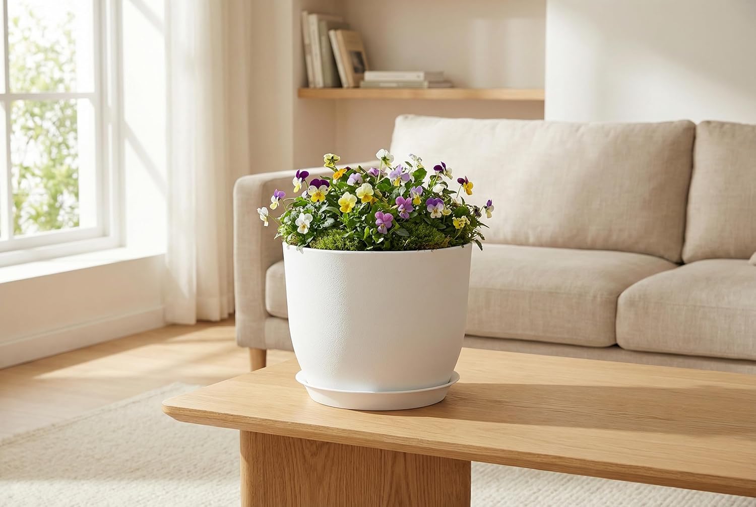 8 Inch Plant Pots Set of 4, Plastic Planters with Drainage Holes and Tray, Flower Pots for Indoor Outdoor Plants and Flowers (White)