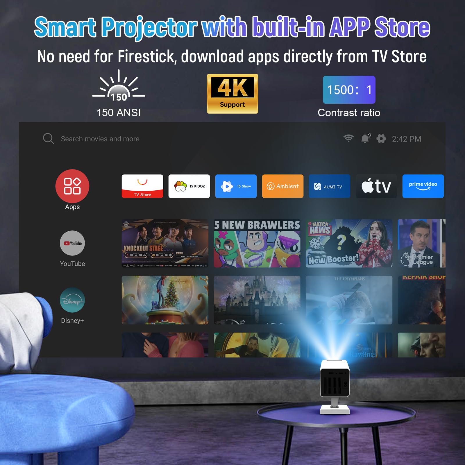Mini Projecteur 4K Vidéoprojecteur, WiFi 6 & BT 5.0 Projecteur Video Supporté Correction, Portable Projecteur pour Chambre, Maison et extérieur (Blanc)