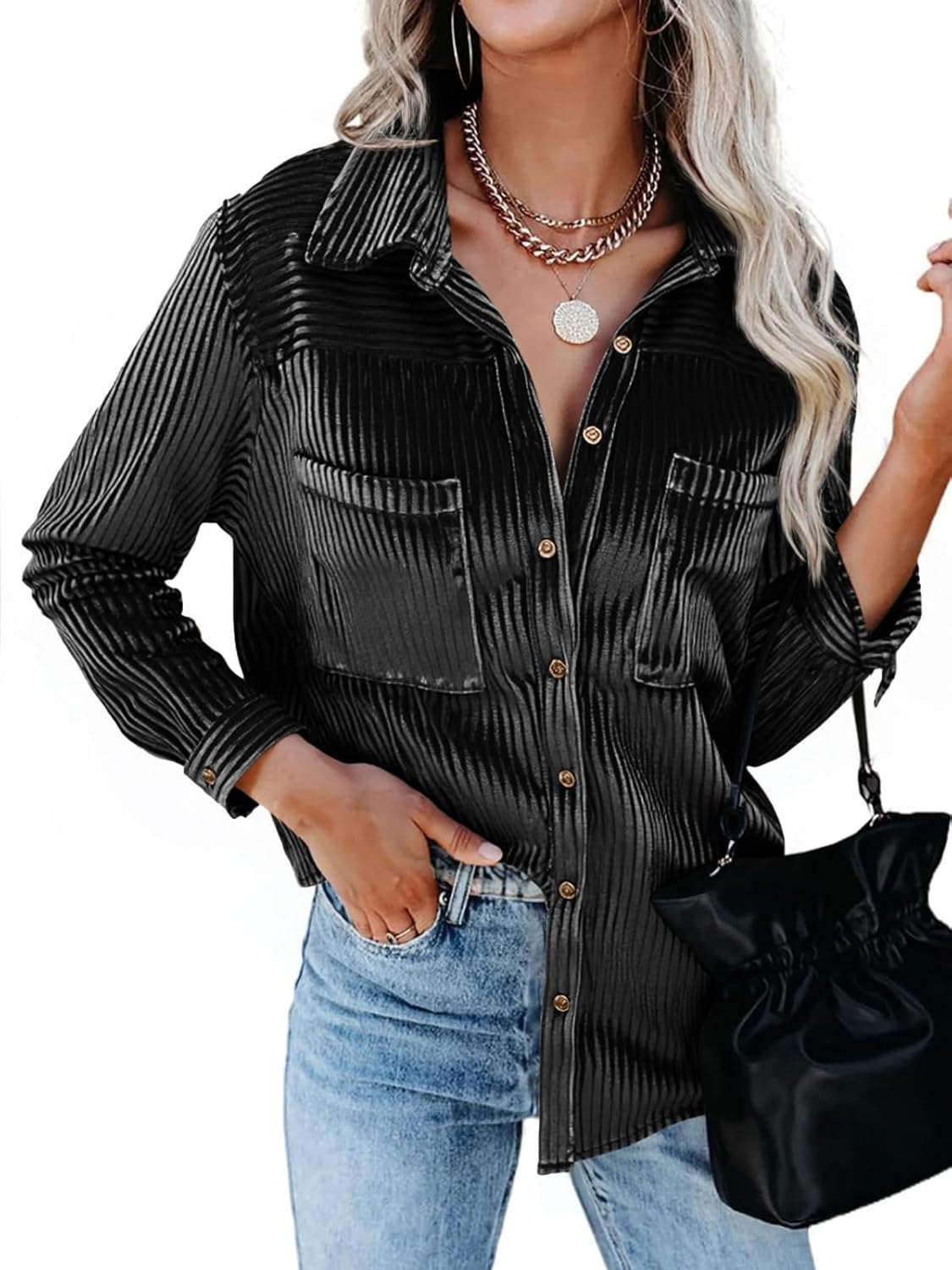 Cicy Bell Womens Velvet Button Down Shirt Casual Long Sleeve V Neck Collared Tops Fall Shacket Jacket with Pockets