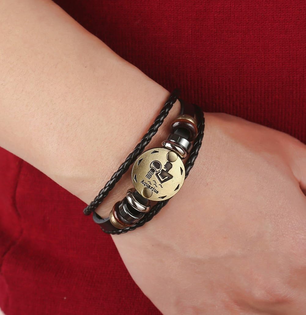 Hamoery Punk Alloy Leather Bracelet For Constellation Braided Rope Bracelet Bangle Aquarius