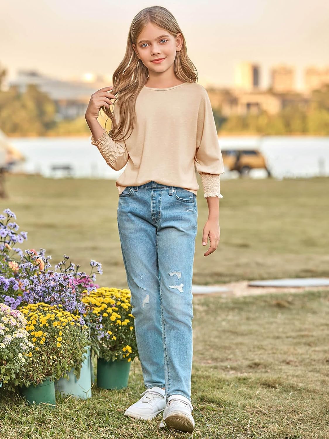 Haloumoning Girls' 3/4 Sleeve T Shirts Summer Cute Crewneck Basic Tees Ruffle Casual Blouse for 5-14Y - Image 5