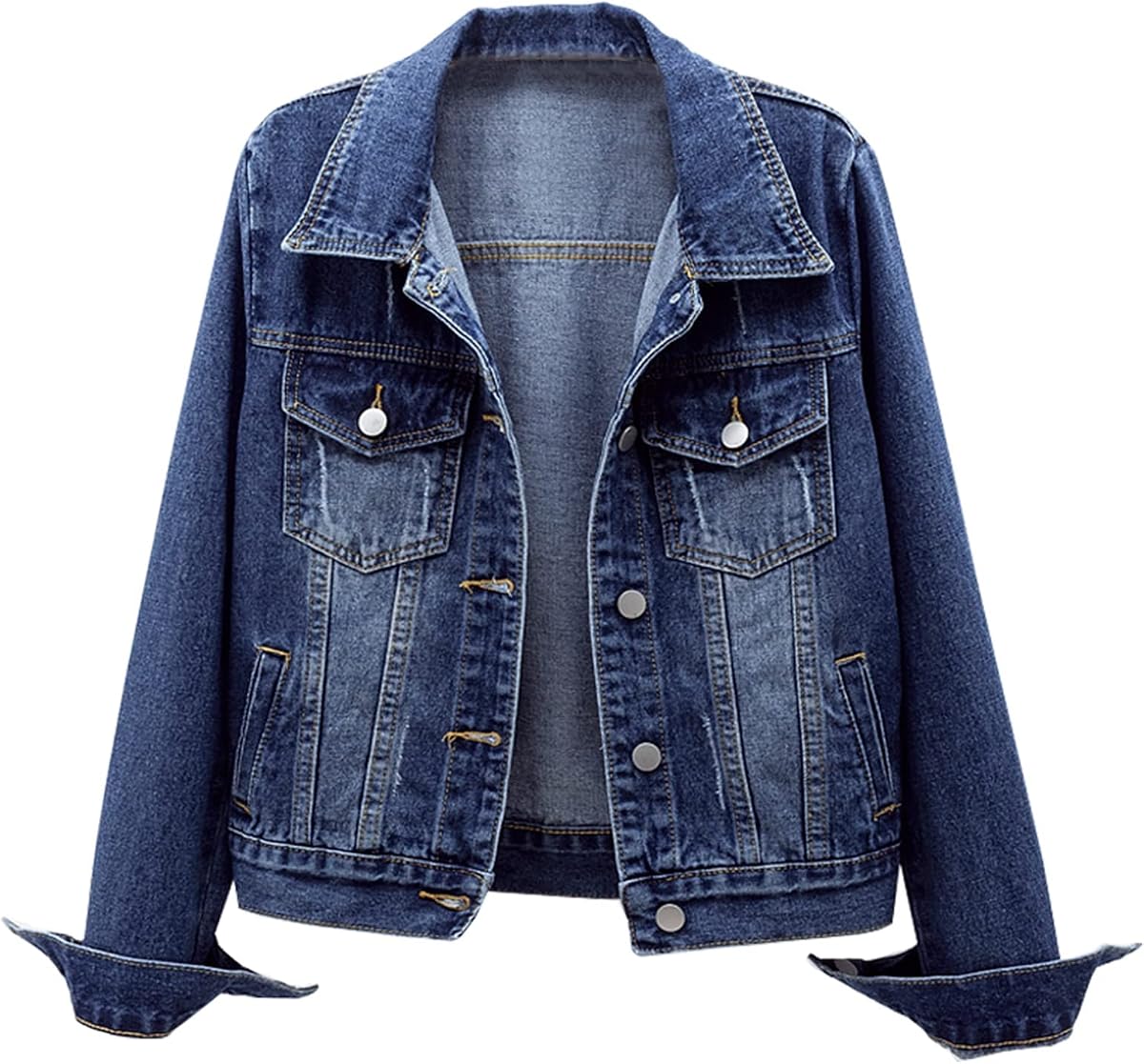 Women's Basic Long Sleeve Button Down Distressed Denim Jackets Jean Jacket Coat