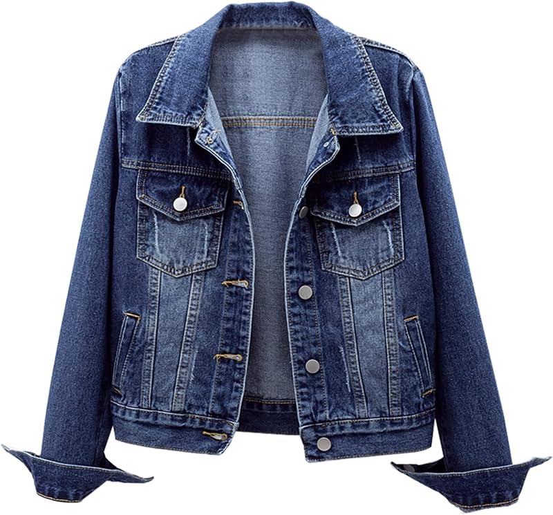 Women's Basic Long Sleeve Button Down Distressed Denim Jackets Jean Jacket Coat