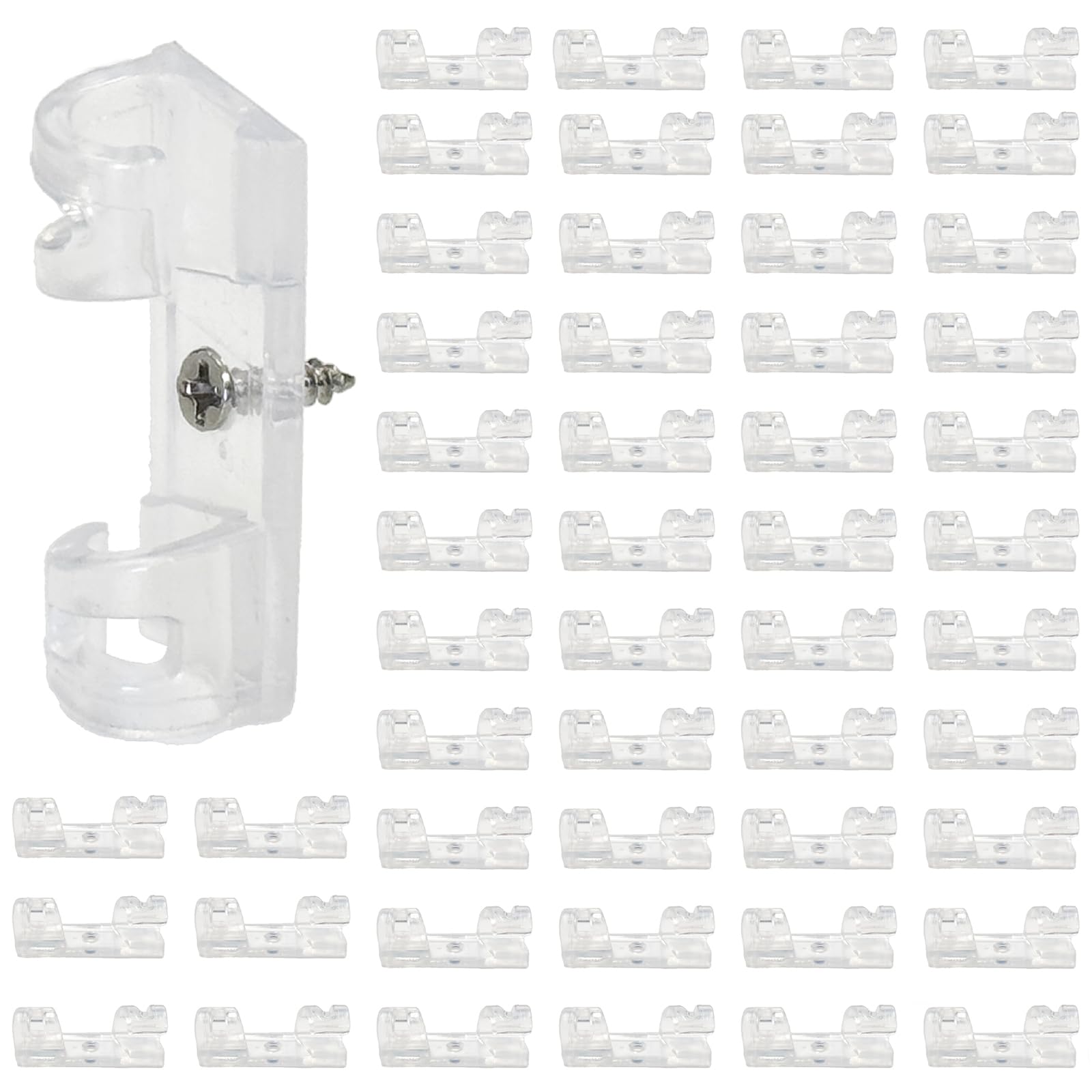 50 Pack 1/5 Inch Clear Rope Light Clips with Stainless Steel Screws, Invisible Soft Plastic Mounting Kit with Adhesives Pads for Outdoor Christmas Lights, Cable Clamps for Wire Management