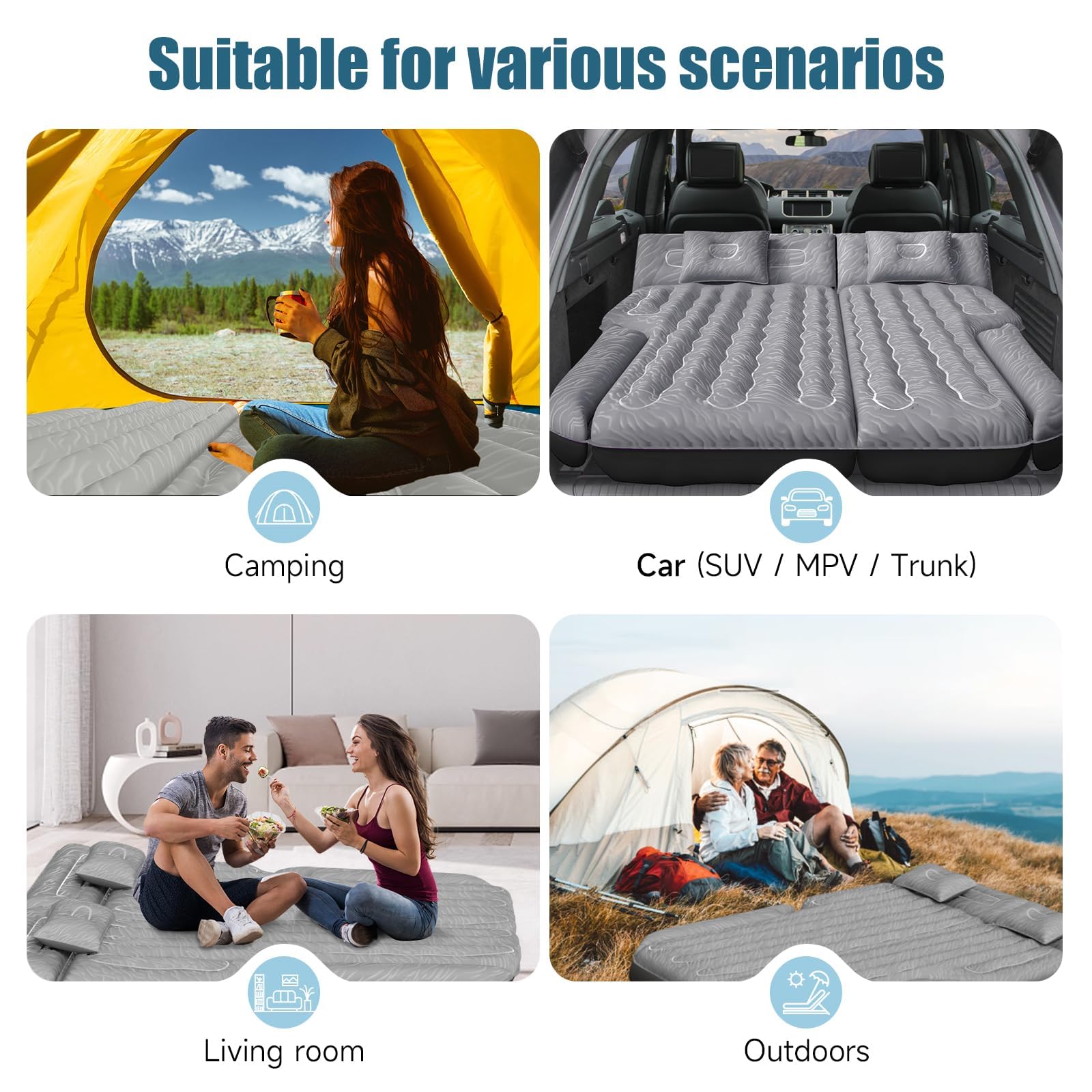 Car Air Mattress, Inflatable SUV Truck Air Mattress Back Seat Camping Bed Thickened Car Sleeping Pad for Travel, Car Bed SUV Mattress with Air Pump 2 Pillows: Silver Grey SUV Air Mattress