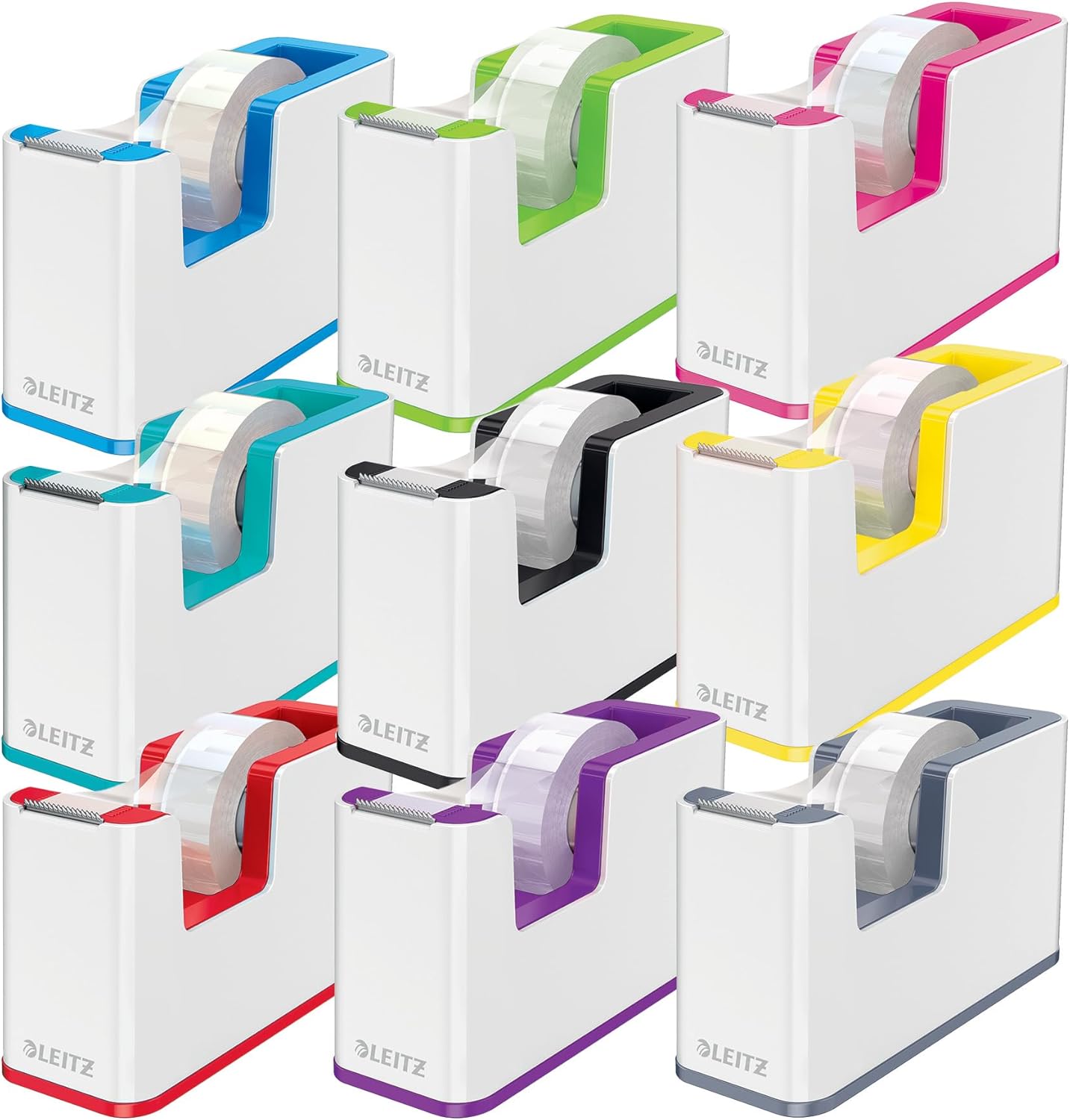 Leitz Wow Tape Dispenser, Heavy Base and Includes a Roll of Tape, Desk Sellotape Dispenser, White/Red, 53641026