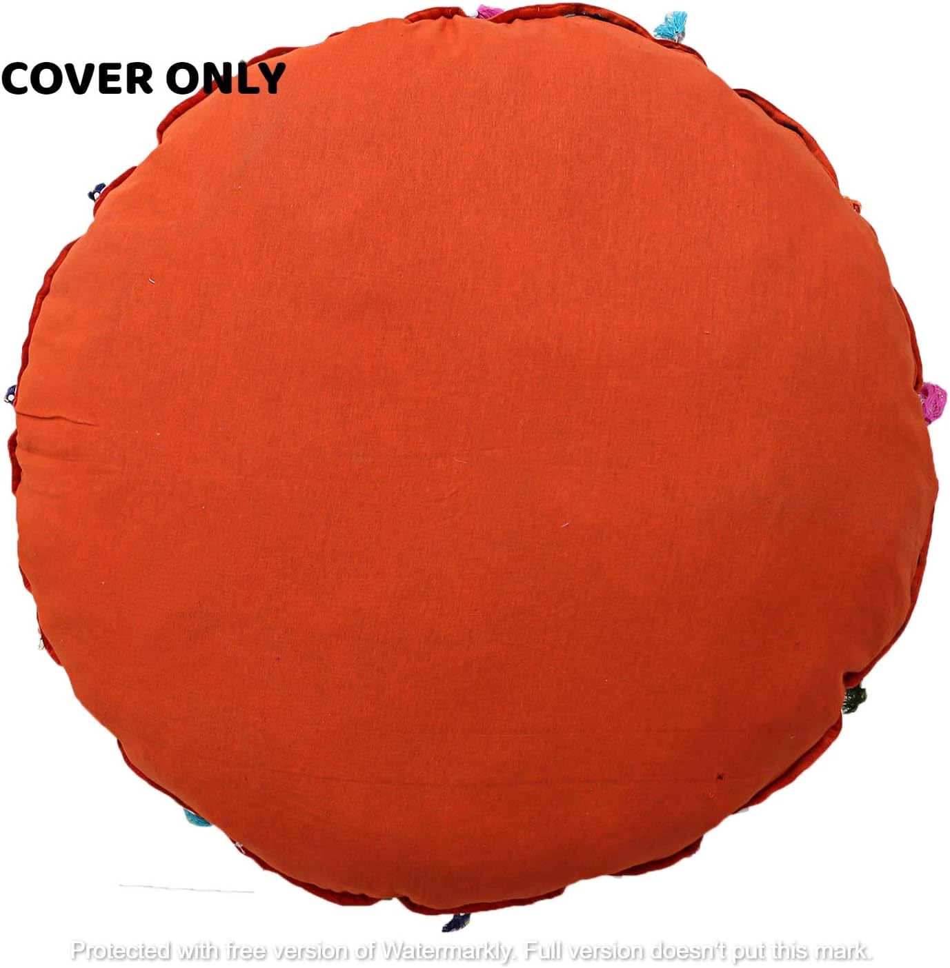 GANESHAM Indian Handmade Vintage Patchwork Cotton Boho Chic Bohemian Hand Embroidered Decorative Ethnic Foot Stool Round Floor Pillows & Cushion Cover Seating Pouf Ottoman (Orange, 32 inch)