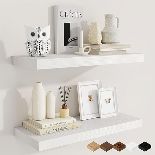 Miniatura 40 de Fun Memories Estantes flotantes para pared, estantes de pared de madera rústica de 24 pulgadas para baño, dormitorio, sala de estar, estantes Negro,