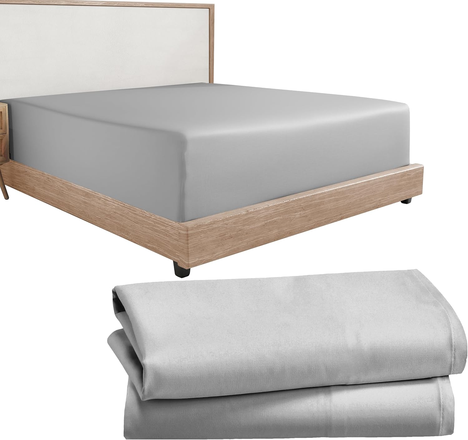 California Design Den 3-Piece Bundle - Fitted Sheet with 2 Pillowcases, Soft 100% Cotton Sateen, Deep Pockets (Queen Size, Light Grey)