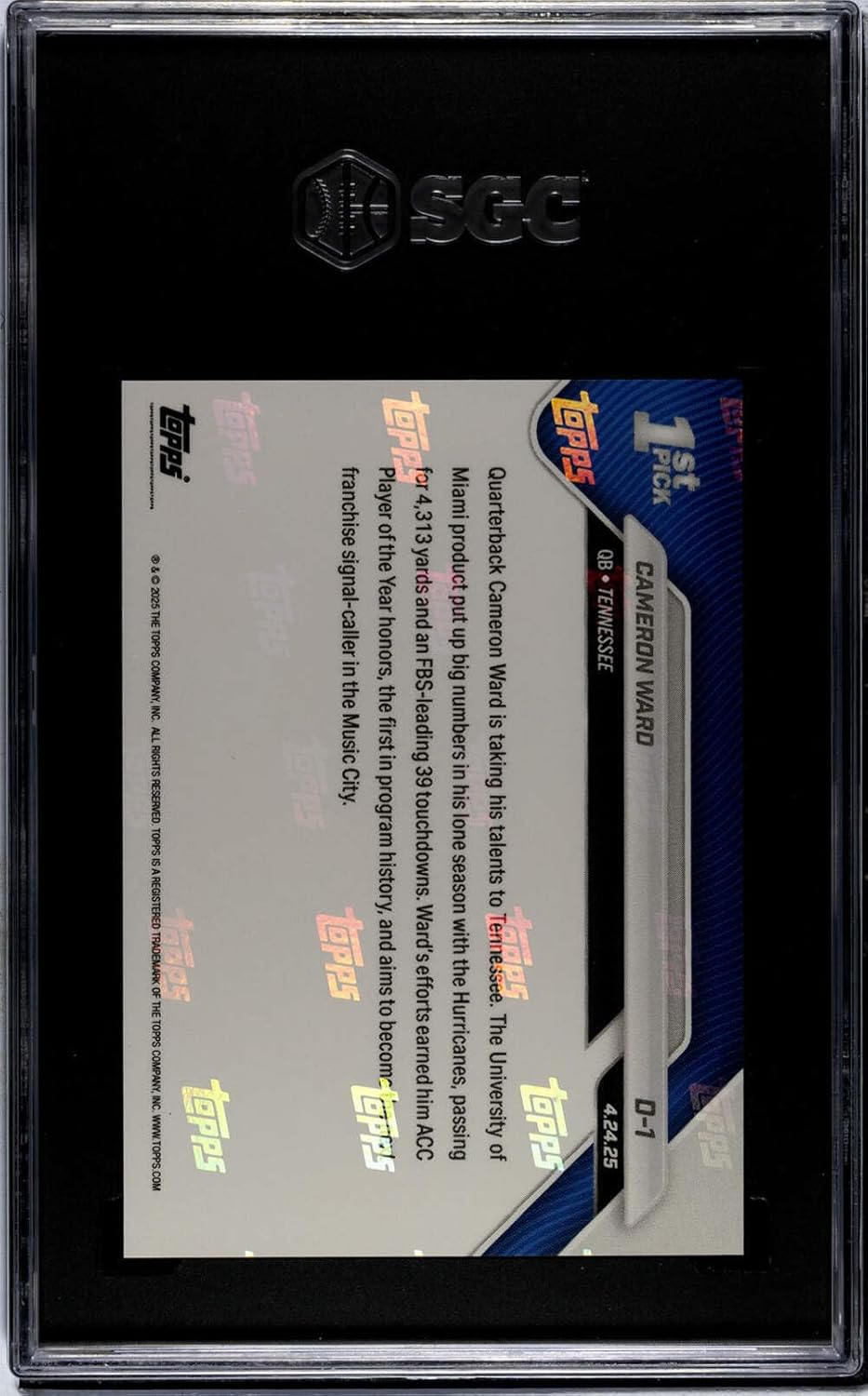 Graded 2025 Topps Now Cam Ward #D1 1st University of Miami QB Drafted Number 1 Since '87 Rookie RC Football Card SGC 9.5 Mint+