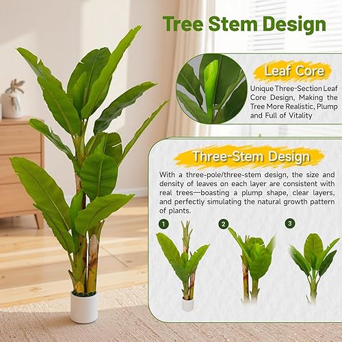 Miniatura 5 de Planta artificial de plátano de 6 pies para decoración de sala de estar, planta de piso de hoja de plátano sintética grande, árboles artificiales