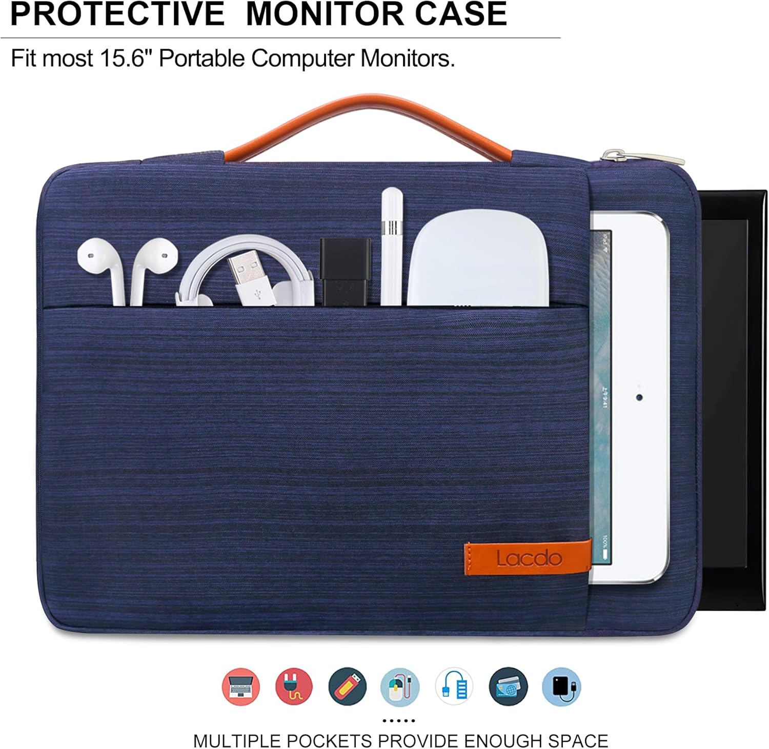 Lacdo 15.6 inch Portable Monitor Case for Most 15.6 inch Portable External Monitor, for Computer Laptop External Display Protective Carrying Sleeve Bag with Accessory Pocket, Blue