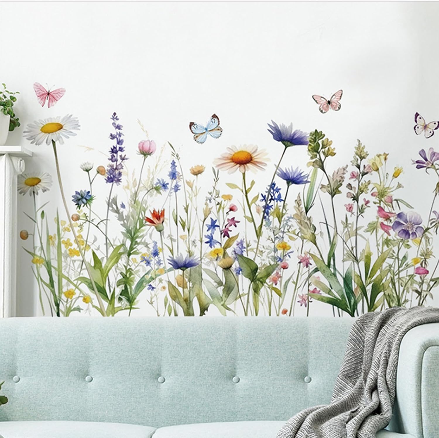 Wildflower Grass Daisy Wall Decals, Garden Floral Butterflies Flower Wall Stickers, BWCXXZH Self-Adhesive Wall Art Stickers for Girls Bedroom Living Room Nursery Decor