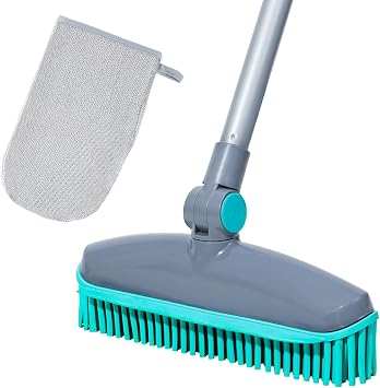 180Rotating Head Rubber Broom with Squeegee for Pet Hair Removal - 51" Iron Handle Fur Remover Rake Brush for Carpet, Hardwood & Tile Floors, Includes Pet Hair Removal Gloves Blue