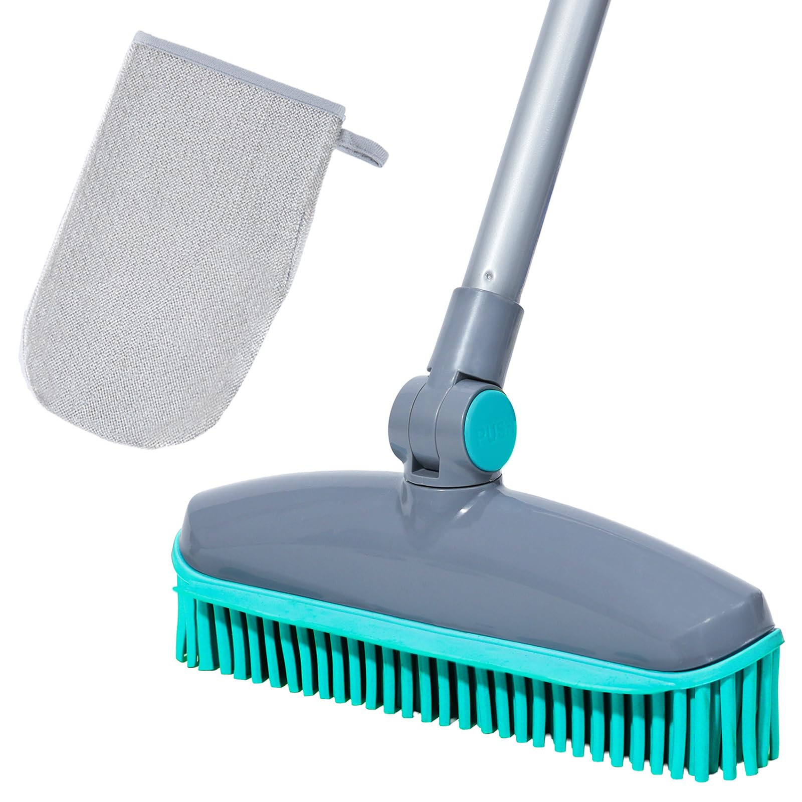 180°Rotating Head Rubber Broom with Squeegee for Pet Hair Removal - 51" Iron Handle Fur Remover Rake Brush for Carpet, Hardwood &amp; Tile Floors, Includes Pet Hair Removal Gloves (Blue)