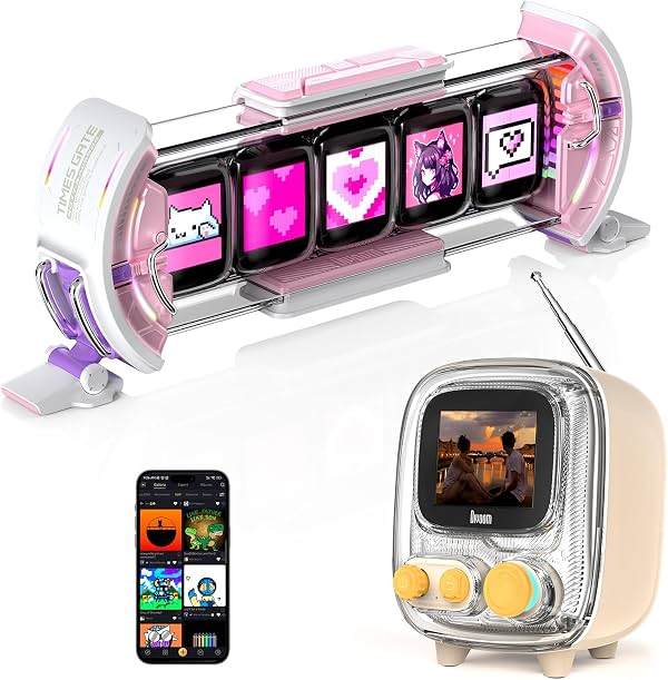 Times Gate rosa y Tiivoo-2 crema de Divoom, reloj digital cyberpunk para setup gamer con control por app inteligente y mini TV altavoz Bluetooth retro, decoración linda para dormitorio, escritorio junto a la cama