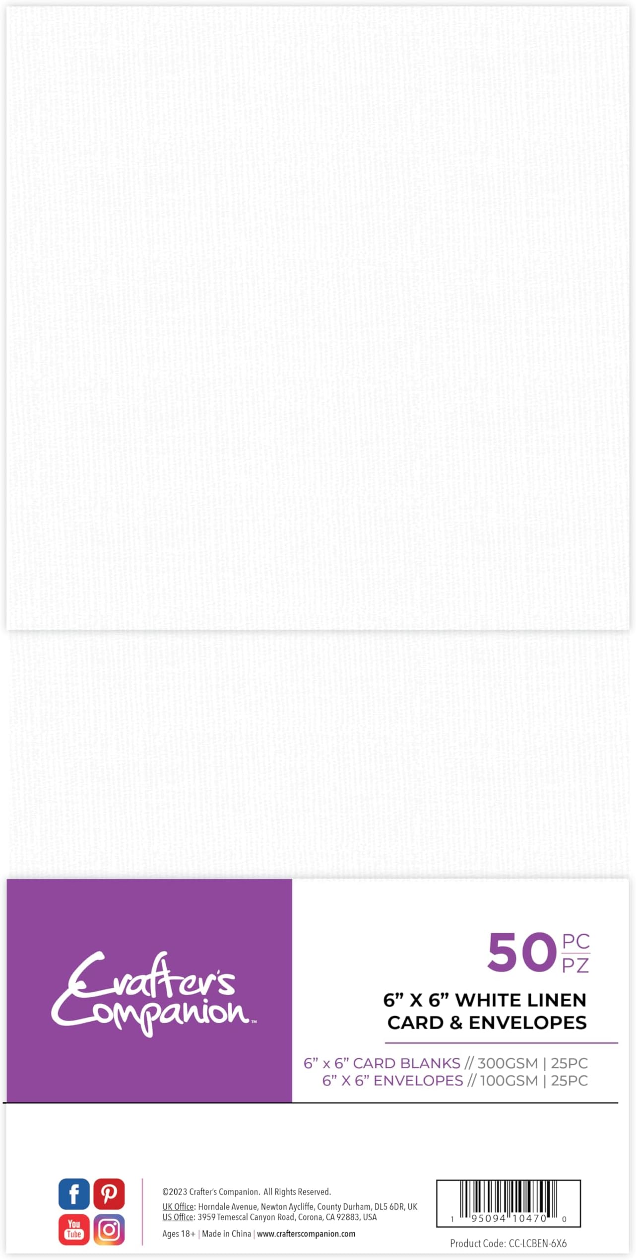 Crafter's Companion6" x 6" White Linen Card & Envelopes - Pack of 100 - Includes 50 White Linen Effect Card Blanks & 50 Matching Envelopes - Great for a Variety of Occasions