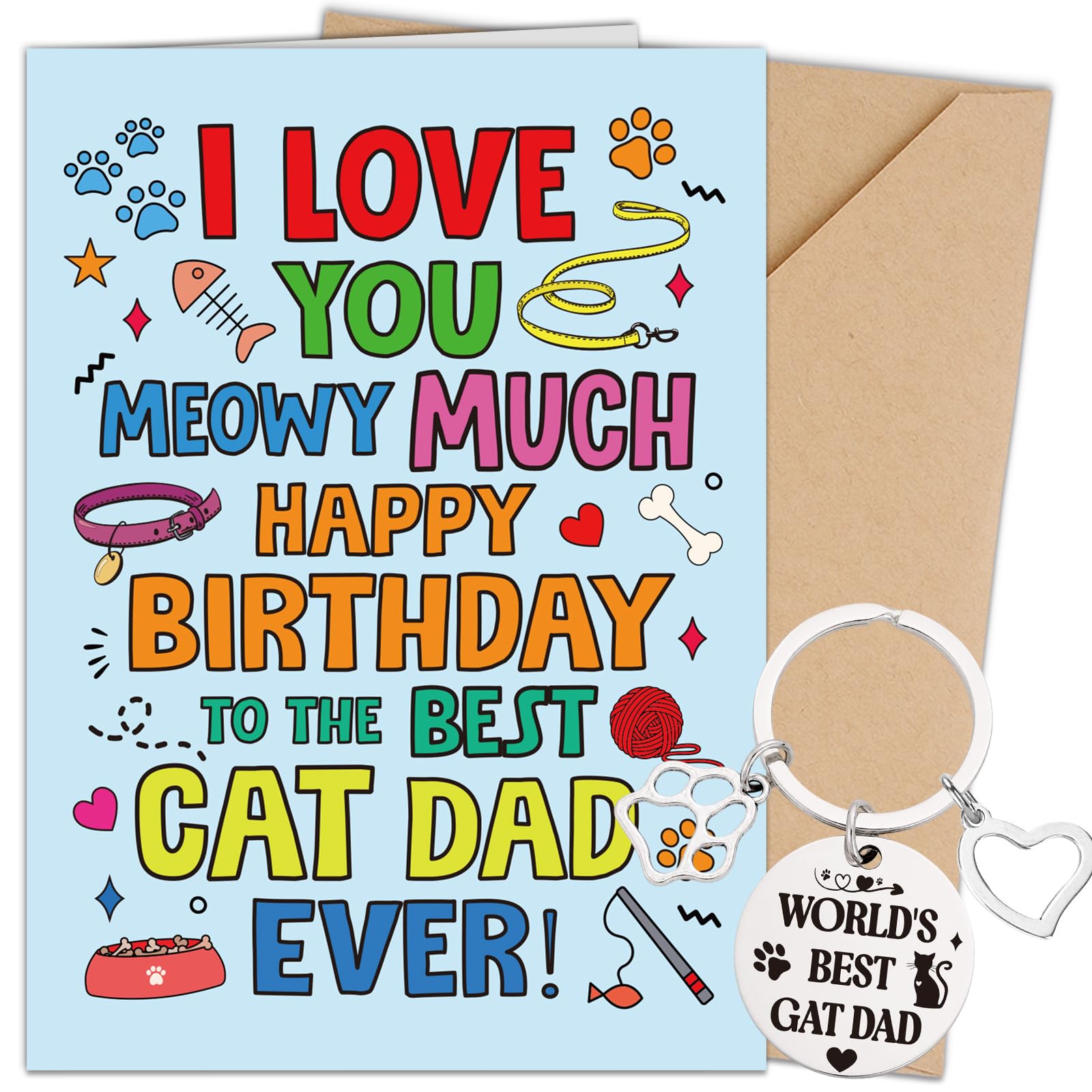 Fathers Day Card from The Cat - I Love You Meowy Much Father's Day Cards and Keychain with Envelope, Cat Dad Birthday Father Day Gifts