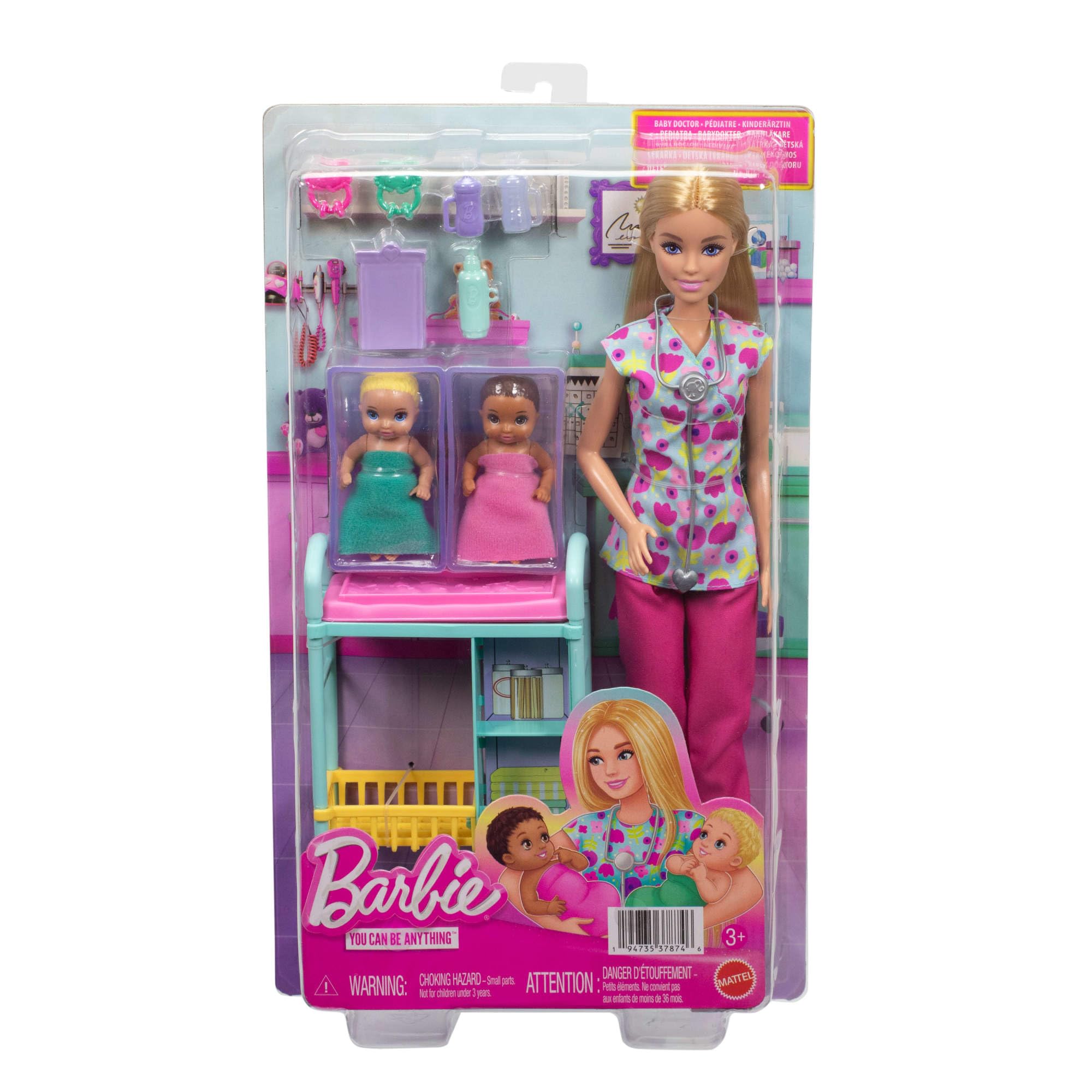 Barbie Carriere - Pediatra, set con bambola bionda con camice a fiori colorato, 2 mini bambole neonati, lettino per le visite e accessori a tema inclusi, 3+ anni, JMK12