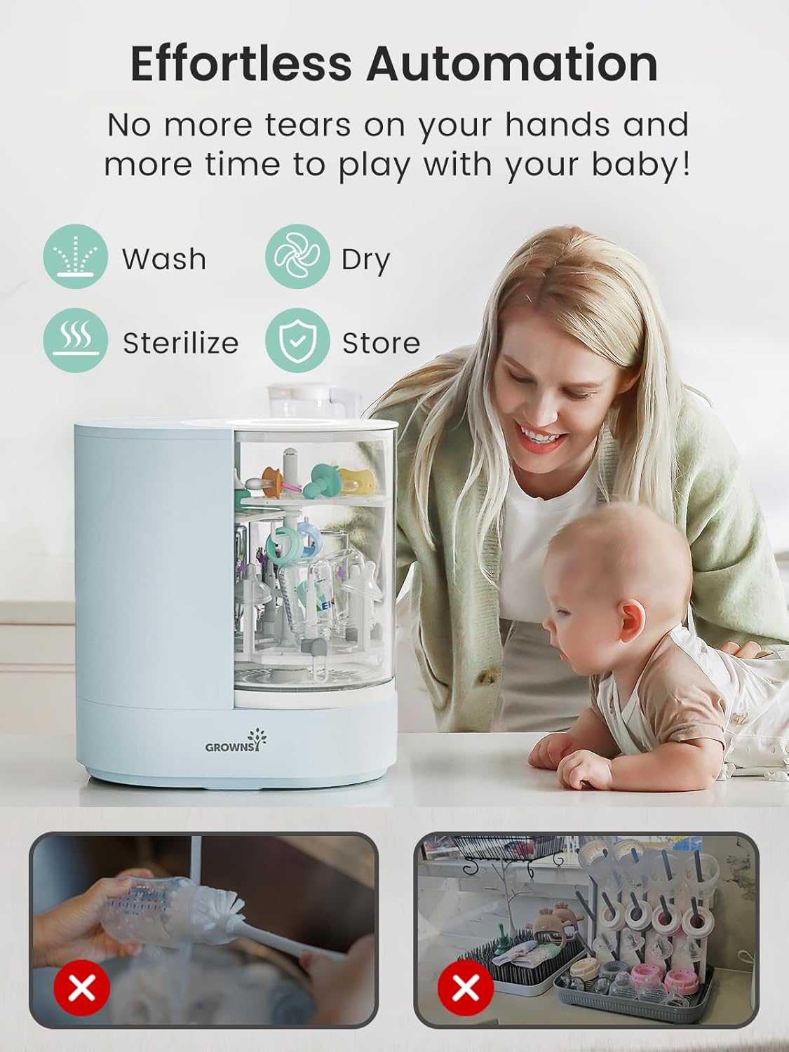 GROWNSY DeepClean Bottle Washer Pro showing bottles and pacifiers