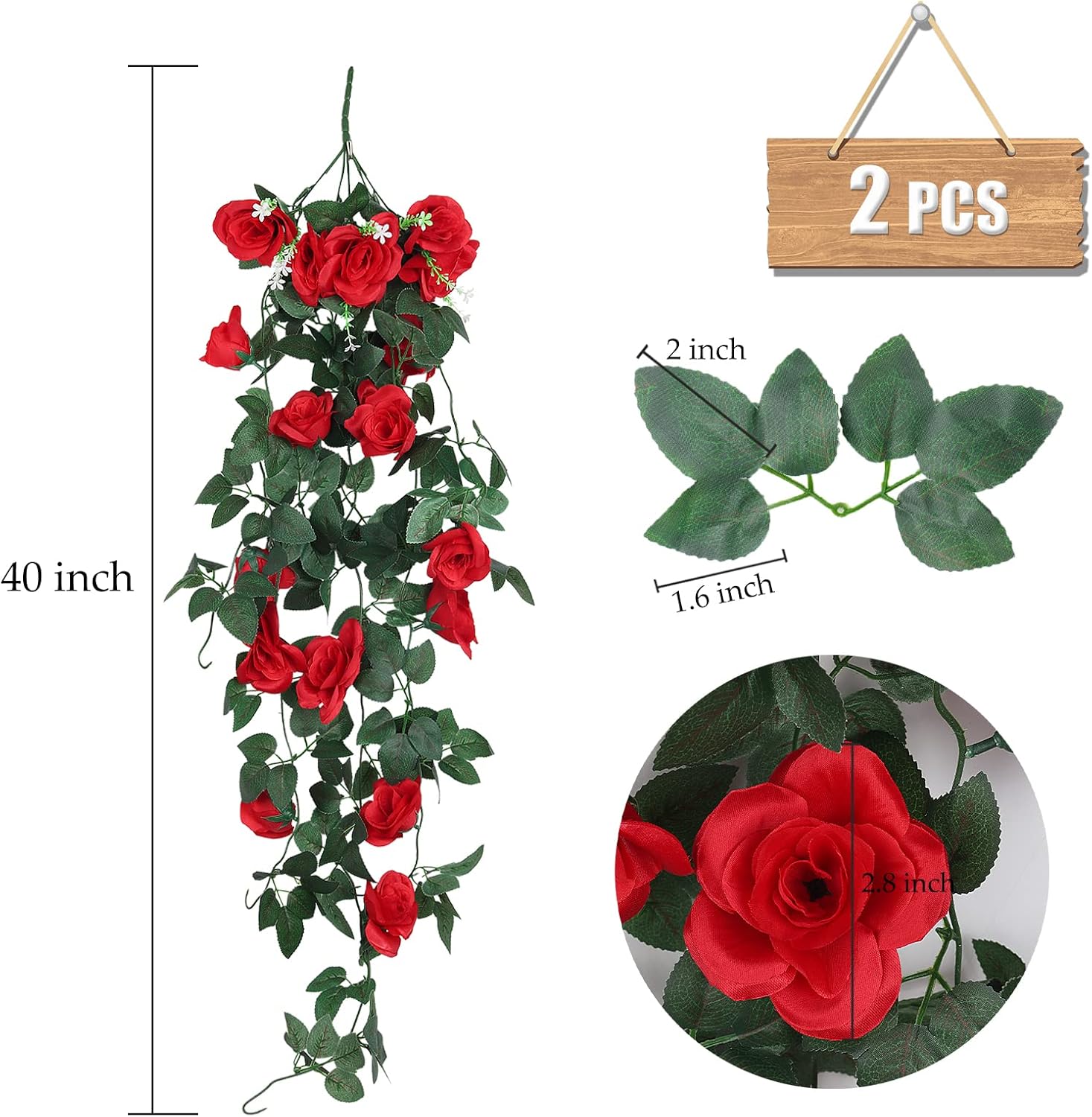RECUTMS Hanging Flowers Artificial Plants 2PCS 3.3Ft Rose Vine Flower for Home Room Garden Wedding Indoor Outdoor Decoration Valentine Rose Decor Gift (Red) - Image 2