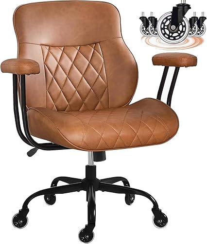 BEWISHOME BBY01Z - Silla ergonómica de oficina en casa, moderna silla de escritorio de cuero marrón con soporte lumbar integrado y cojines gruesos,