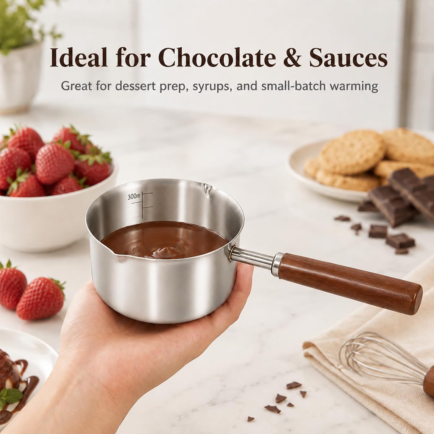 10 oz Mini Butter Warmer, 304 Stainless Steel Saucepan with Walnut Handle