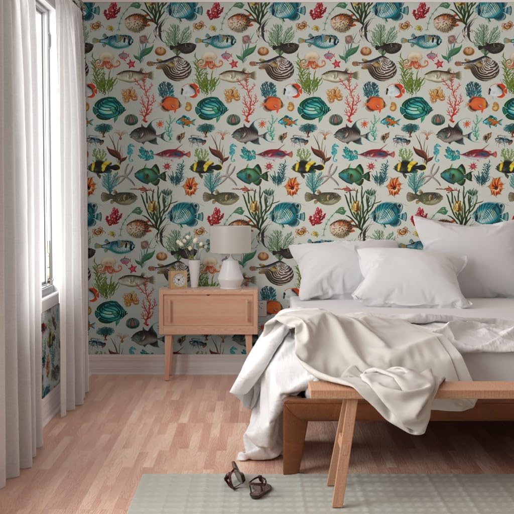 Peel & Stick Wallpaper Swatch - Beige Ocean Sea Creatures Fish Tropical Underwater Coral Custom Removable Wallpaper by Spoonflower